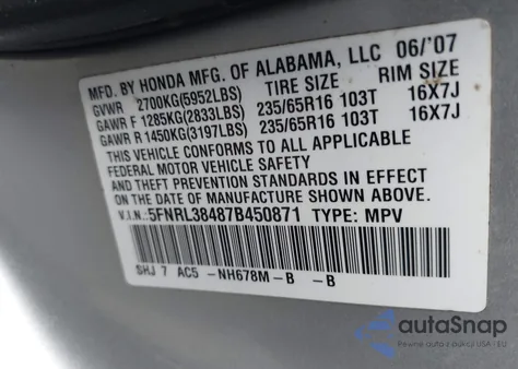 2007 Honda Odyssey Ex z USA, uszkodzony, nr VIN 5FNRL38487B450871